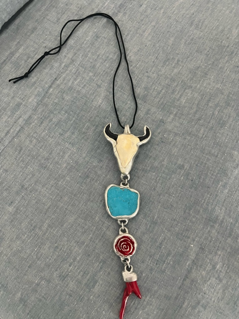 Boho Turquoise & Red Skull Pendant Necklace
